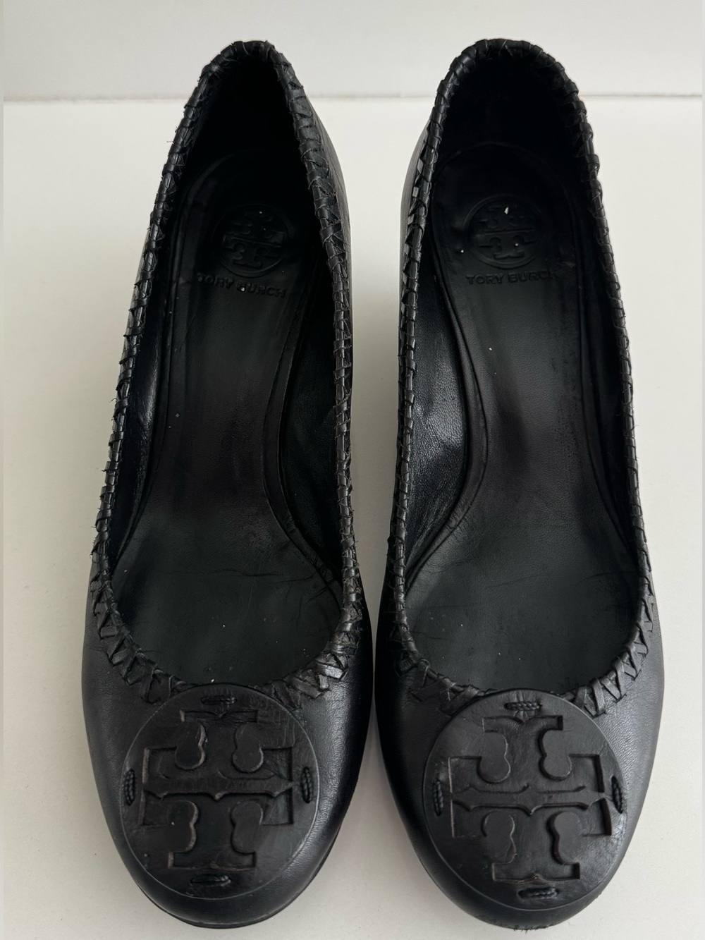 Tory Burch Black Leather Logo Wedge Heels